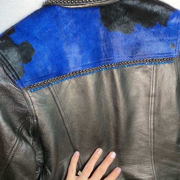 Kippys Black Western Leather Jacket with Blue Calf Hair and Rhinestones Small - Picture 12 of 16